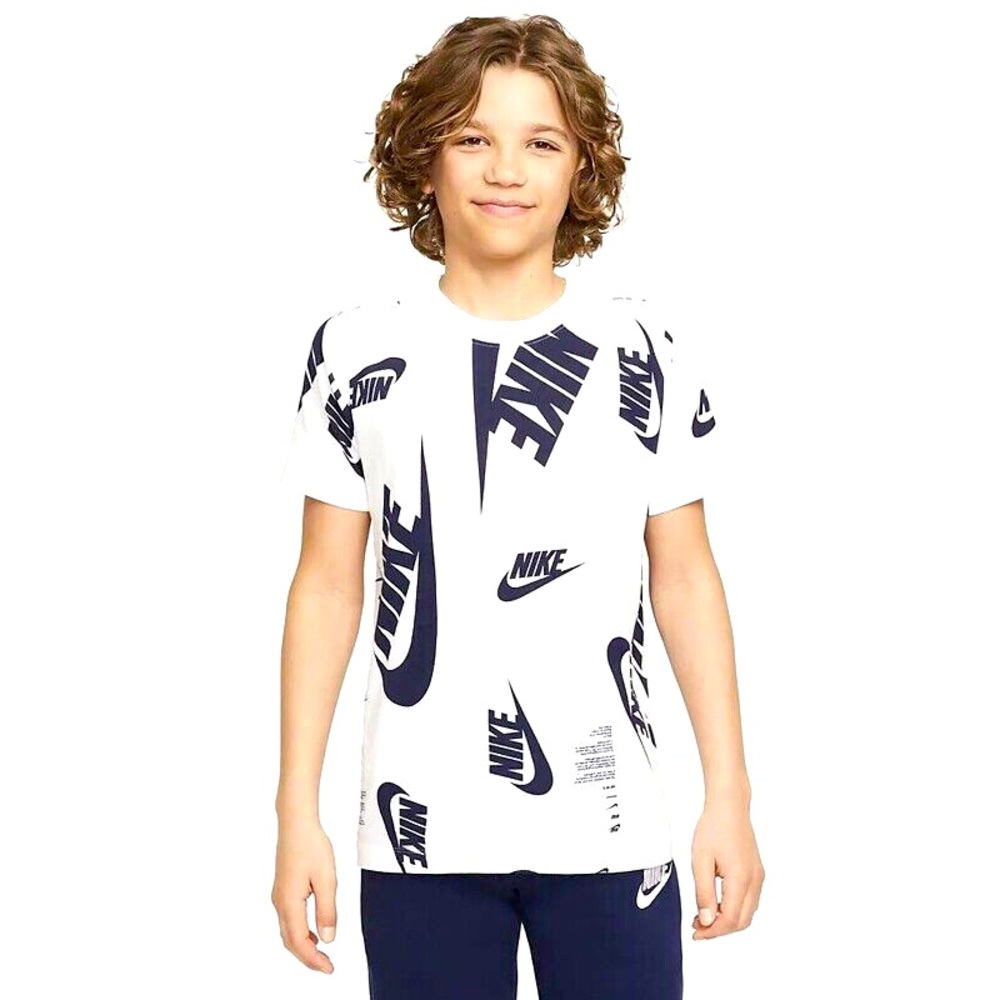 NWT Nike Youth Big Boys  White Tee with Black All Over Logo Swoosh DR9726-100 XL